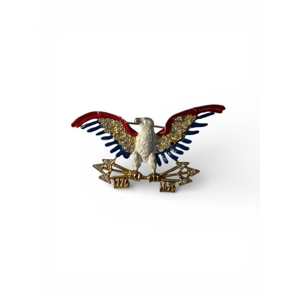 Jewelry - Vintage Gold Tone Enamel Bicentennial USA American Eagle Rhinestone Pin Brooch